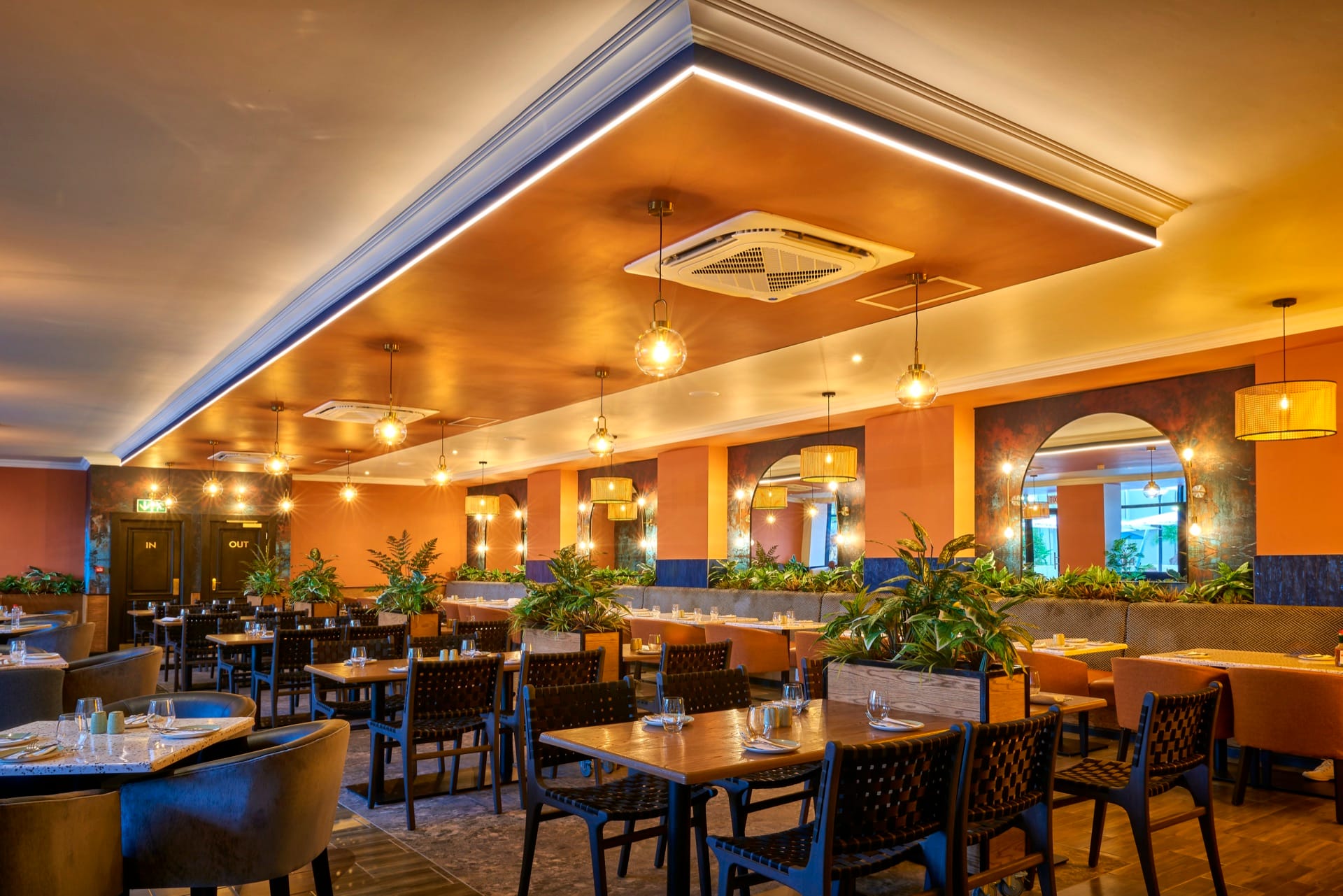 Palmetto Restaurant interior with arched mirrors at Mmabatho Palms, Mahikeng
